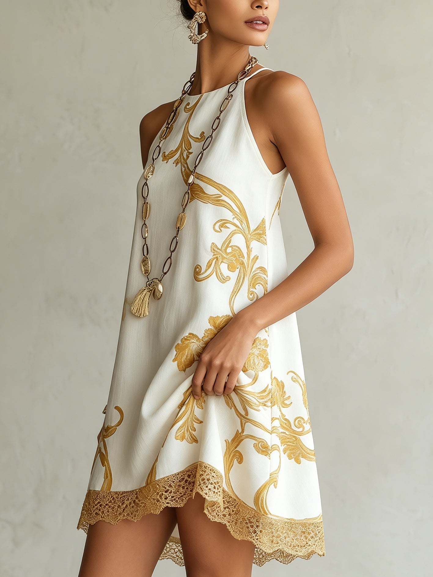 Héloïse | White Mini Lace Dress with Gold Patterns