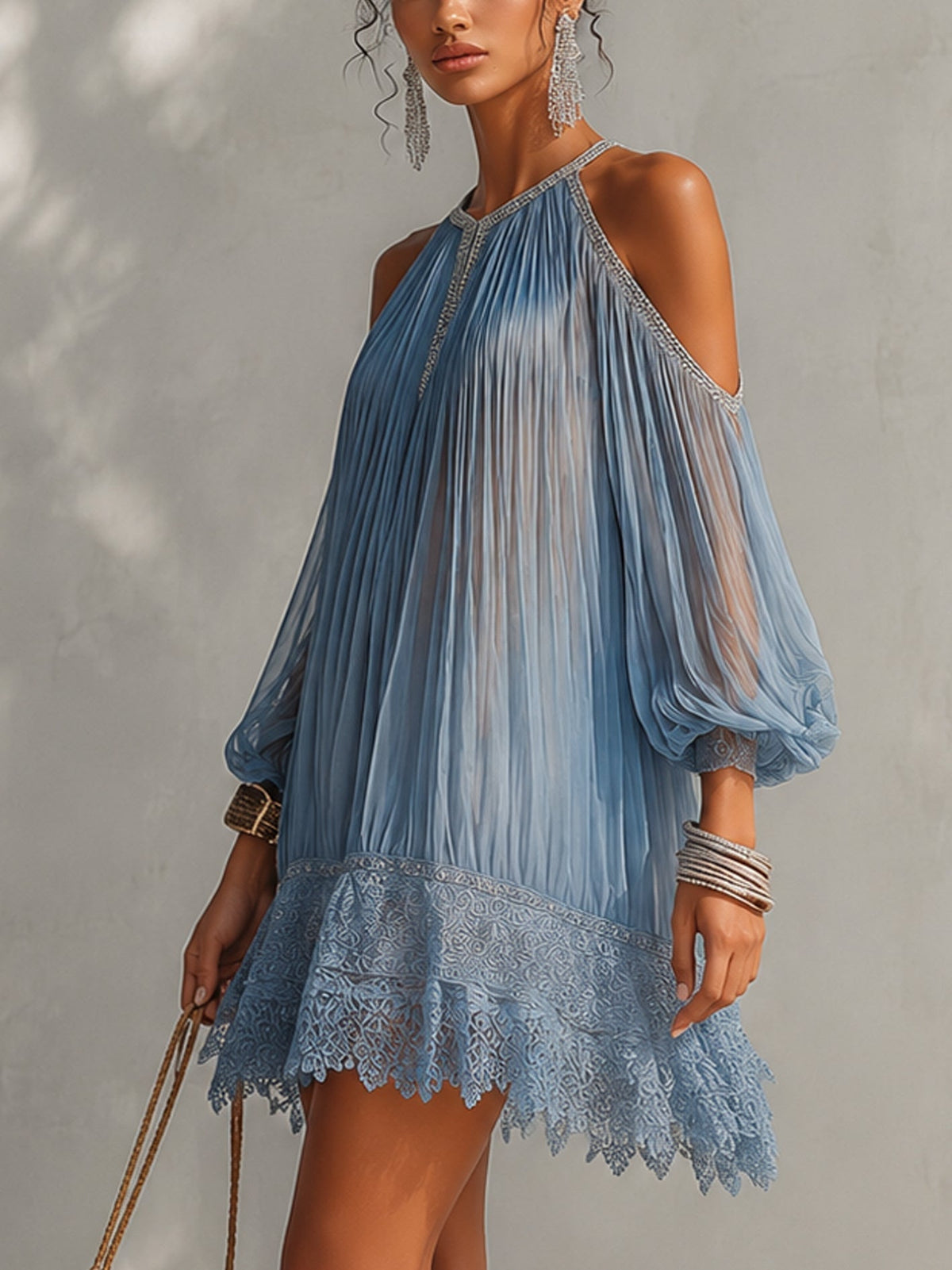 Séraphine | Blue Mini Dress with Off-Shoulder Ruching and Lace Hem