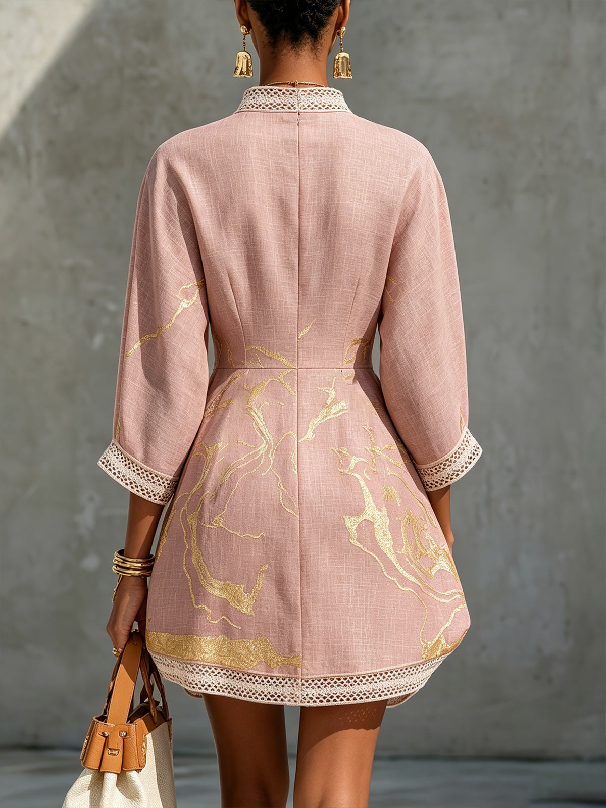 Ninon | Mini Dress in Pink Crocheted Lace with Gold Patterns and V-Neck