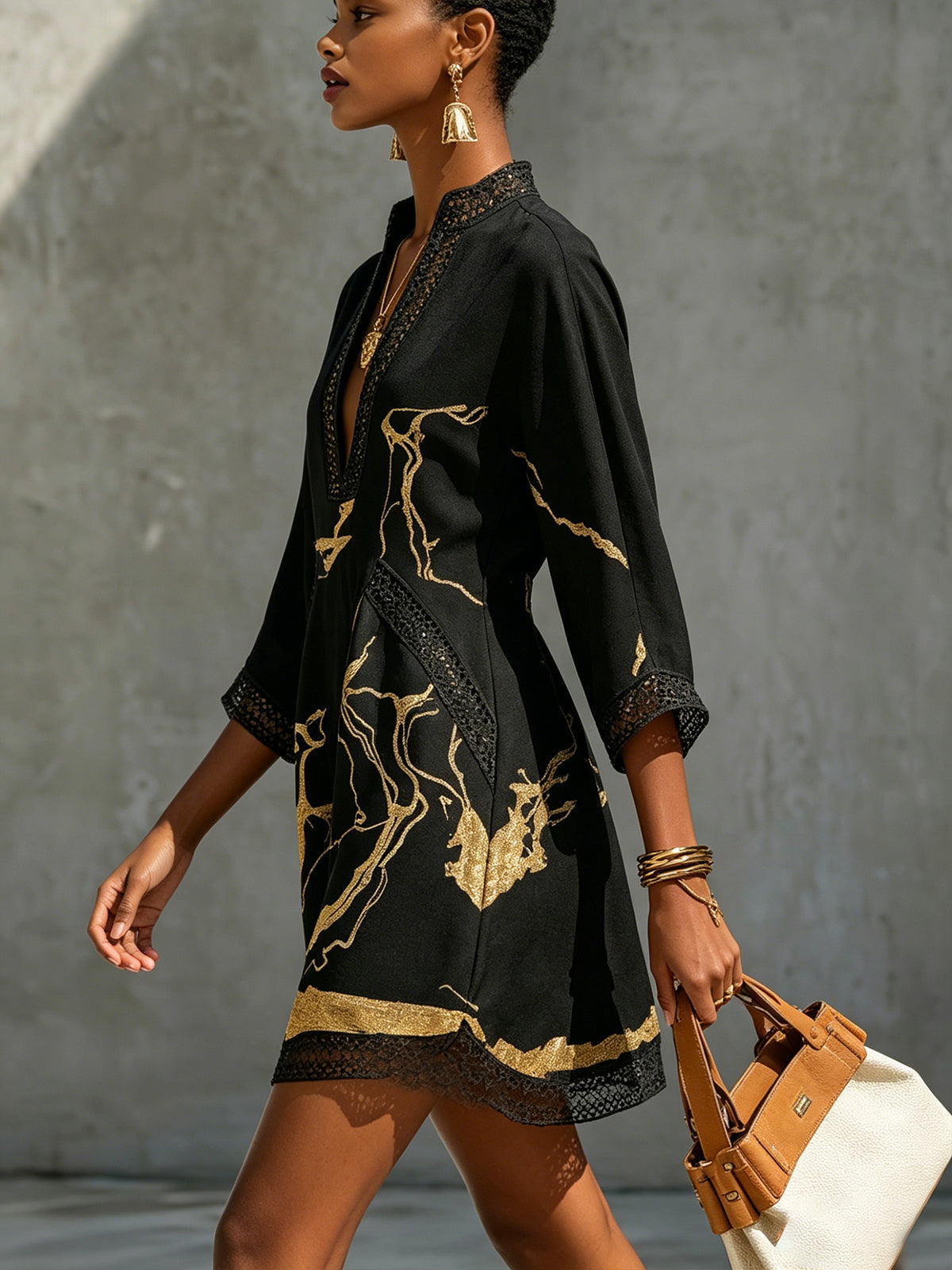 Léonie | Black Mini Dress in Crocheted Lace with Gold Patterns and V-Neck