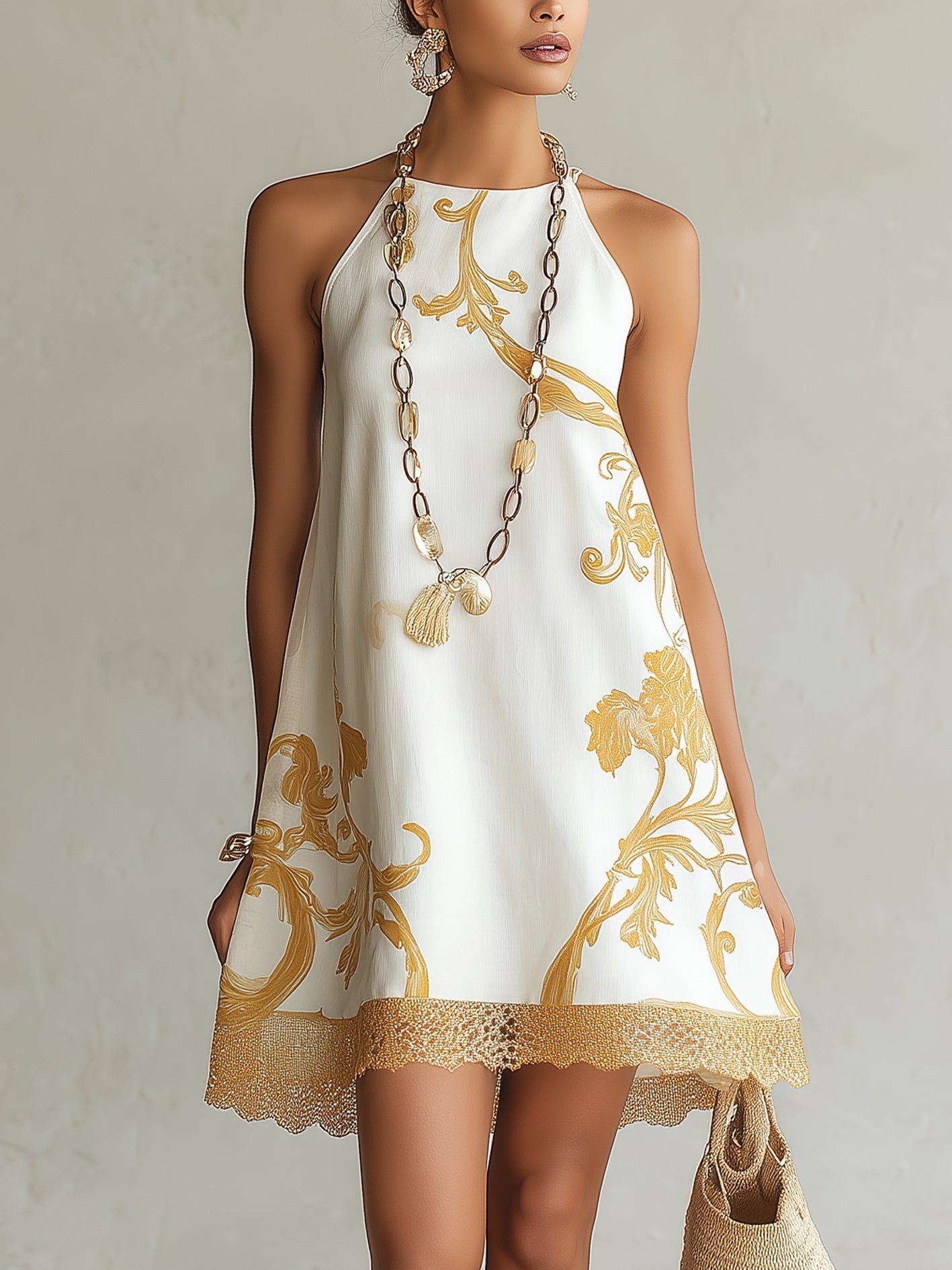 Héloïse | White Mini Lace Dress with Gold Patterns