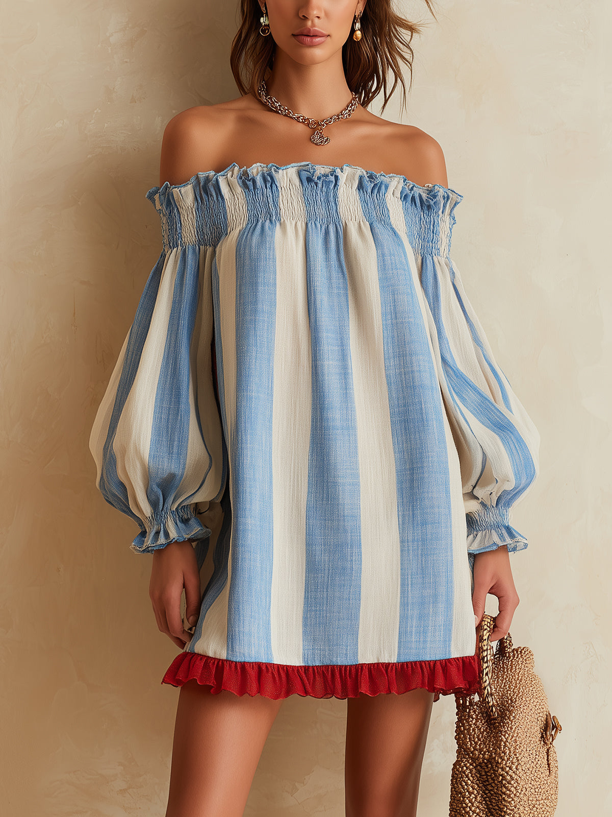 Ondine | Mini Striped Blue and White Dress with Off-the-Shoulder and Contrasting Hem