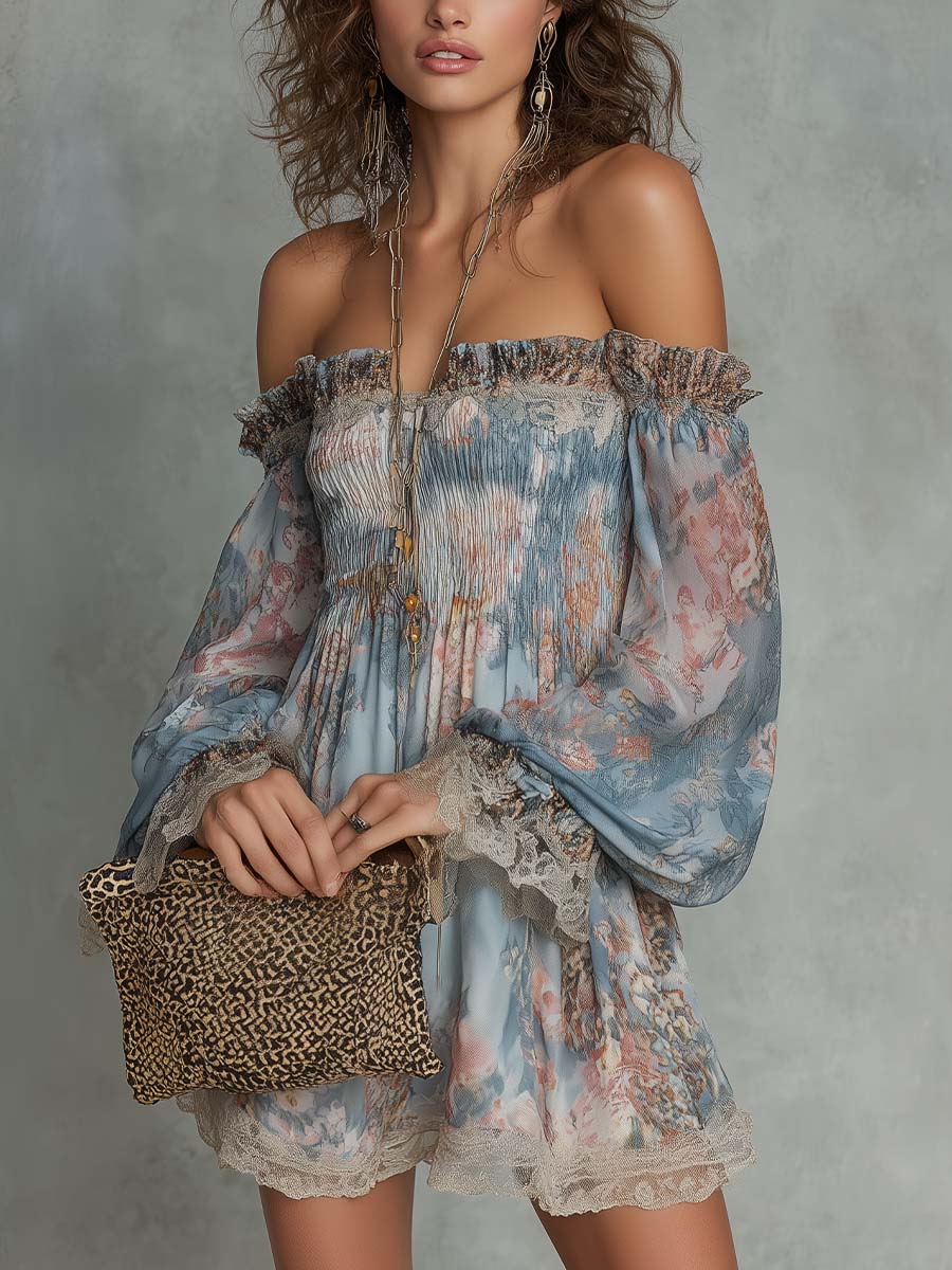 Romane | Mini Chiffon Dress with Ruffled Off-Shoulder and Romantic Flowers