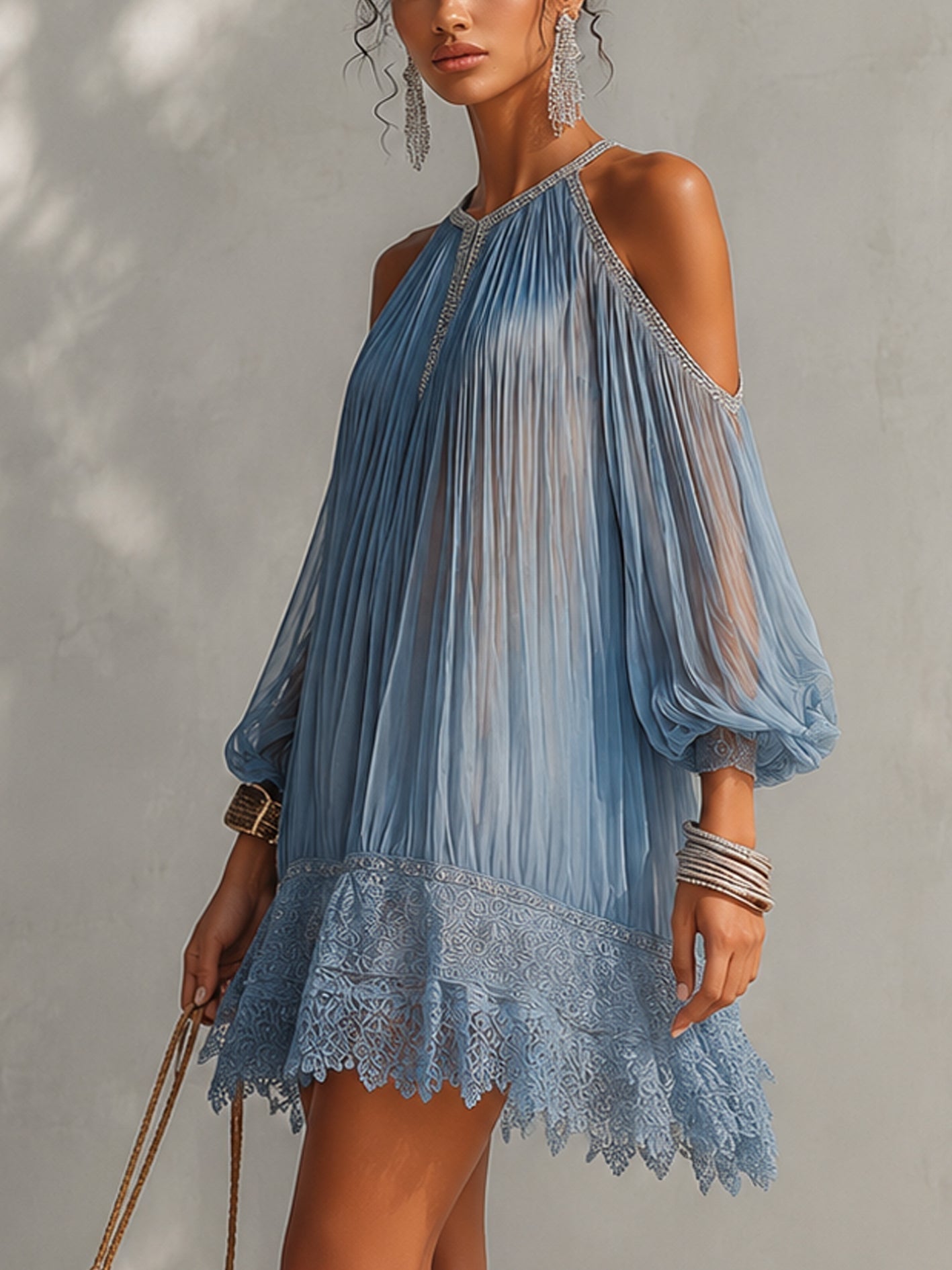 Séraphine | Blue Mini Dress with Off-Shoulder Ruching and Lace Hem