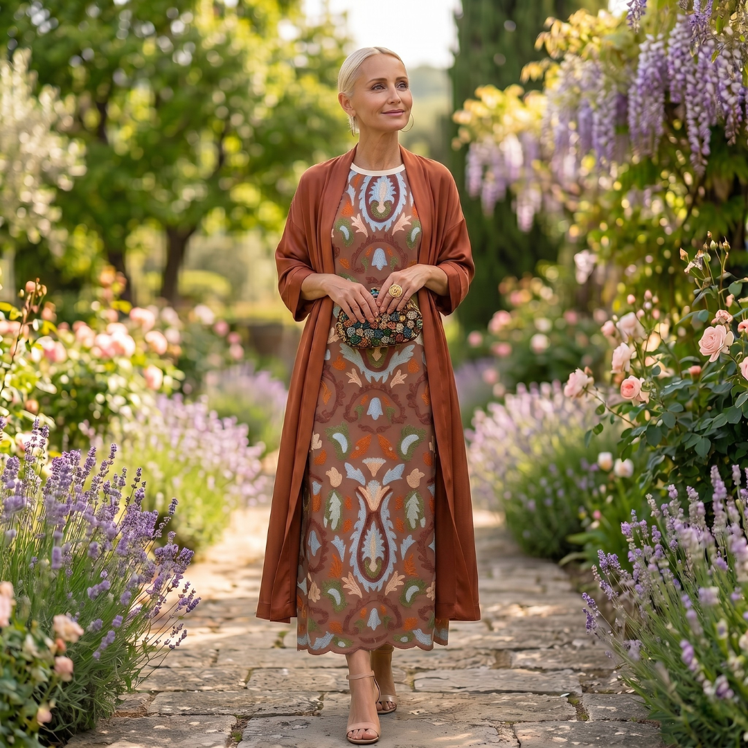 Aura | Long Printed Dress with Coordinated Waistcoat