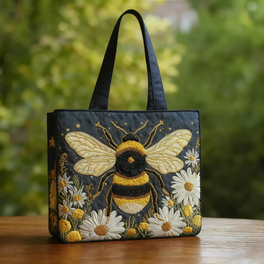 Crafted Bag with Bees, Daisies, and Stars – Elegant and Practical