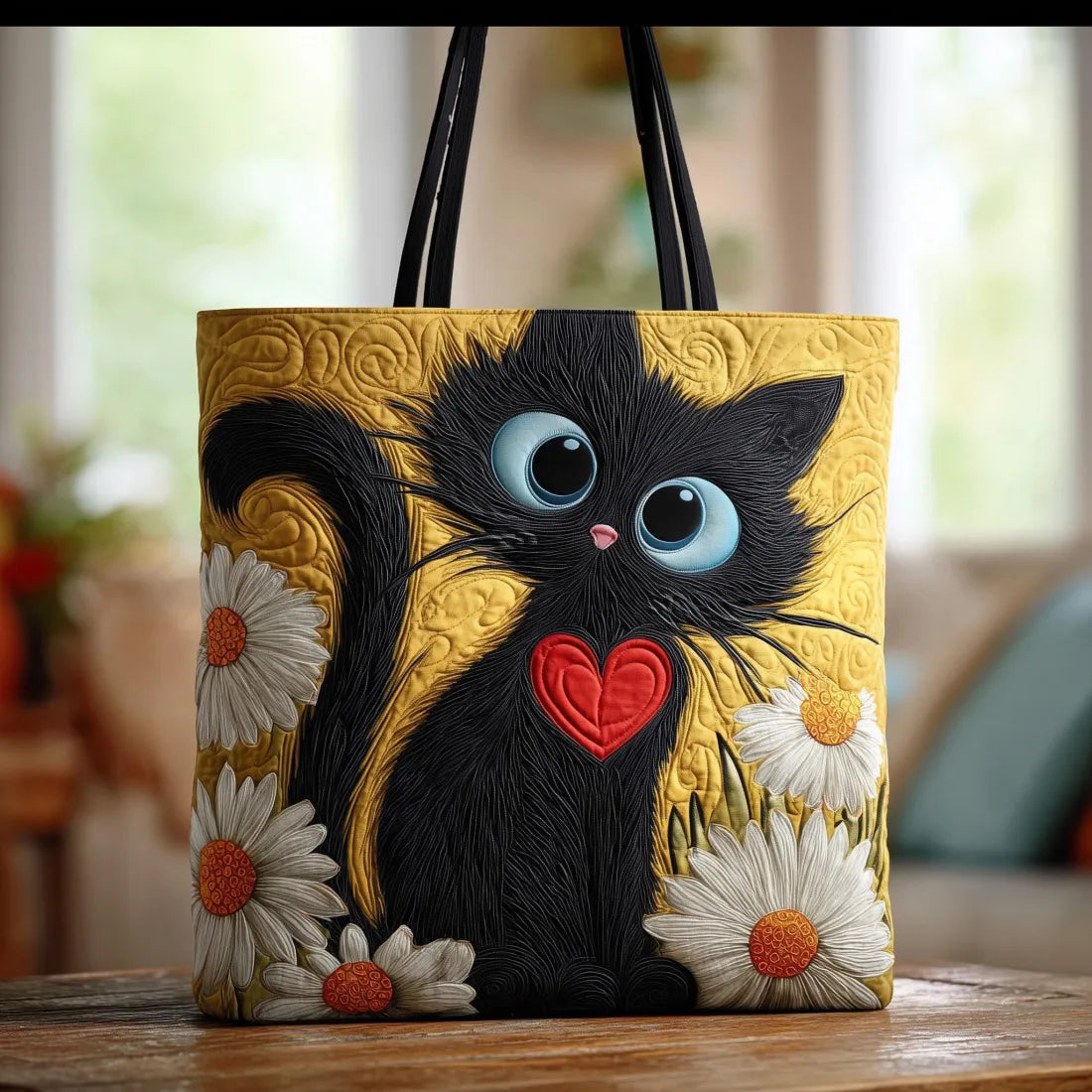 Black Cat and Daisies Handmade Bag – Gift Idea
