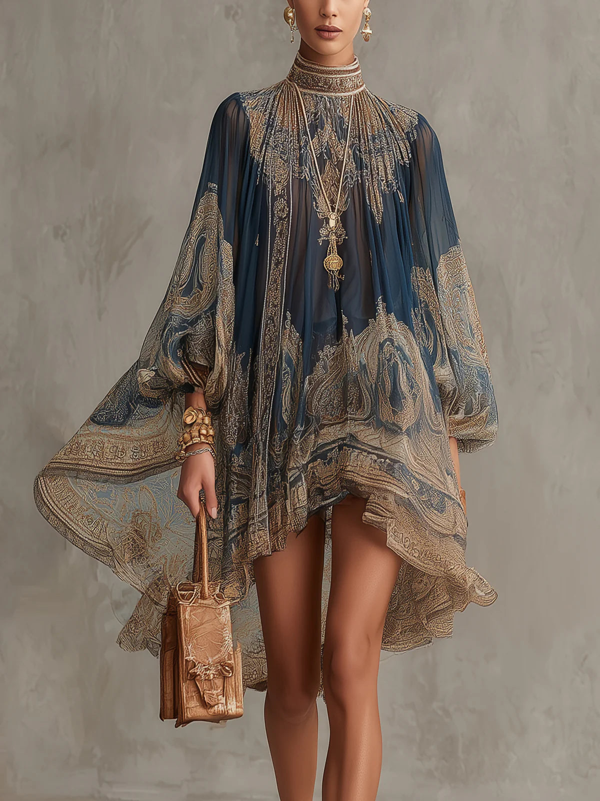 Bérénice | Asymmetrical Mini Dress in Navy Blue Chiffon with Baroque Print and High Collar