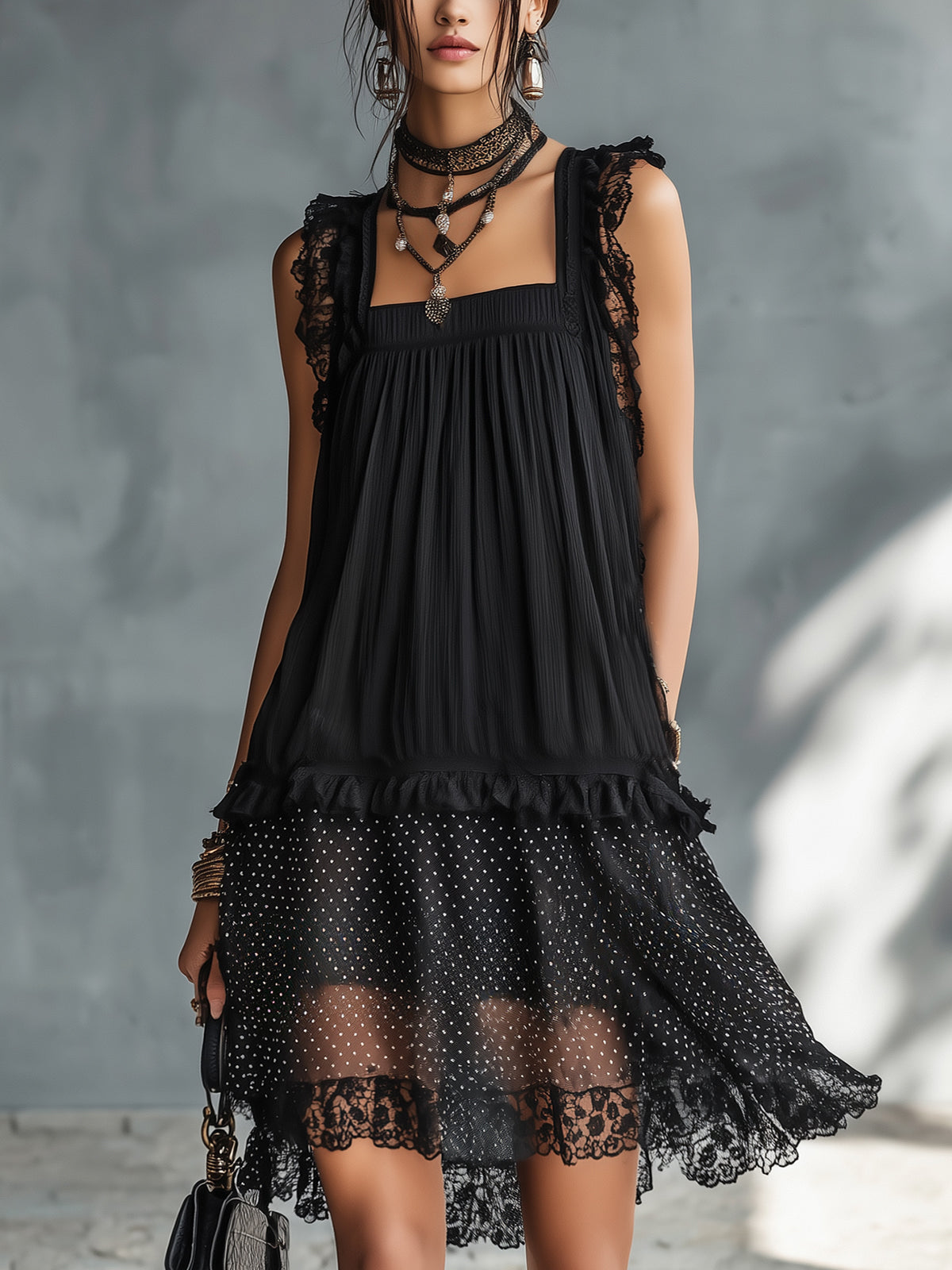 Pauline | Mini Dress with Polka Dots, Ruffles, and Black Lace Trim