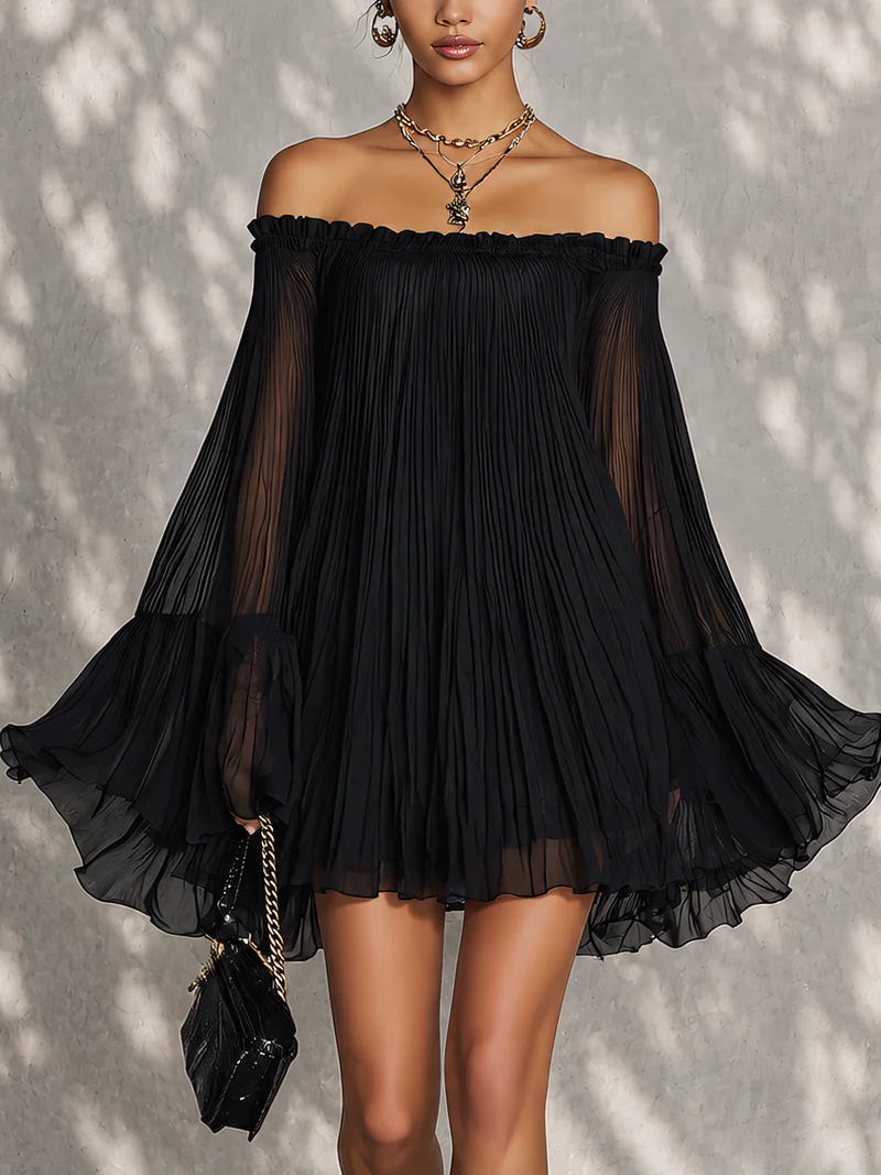 Océane | Black Mini Dress with Bell Sleeves and Ruffled Off-the-Shoulder Design