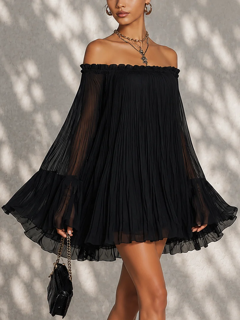 Océane | Black Mini Dress with Bell Sleeves and Ruffled Off-the-Shoulder Design