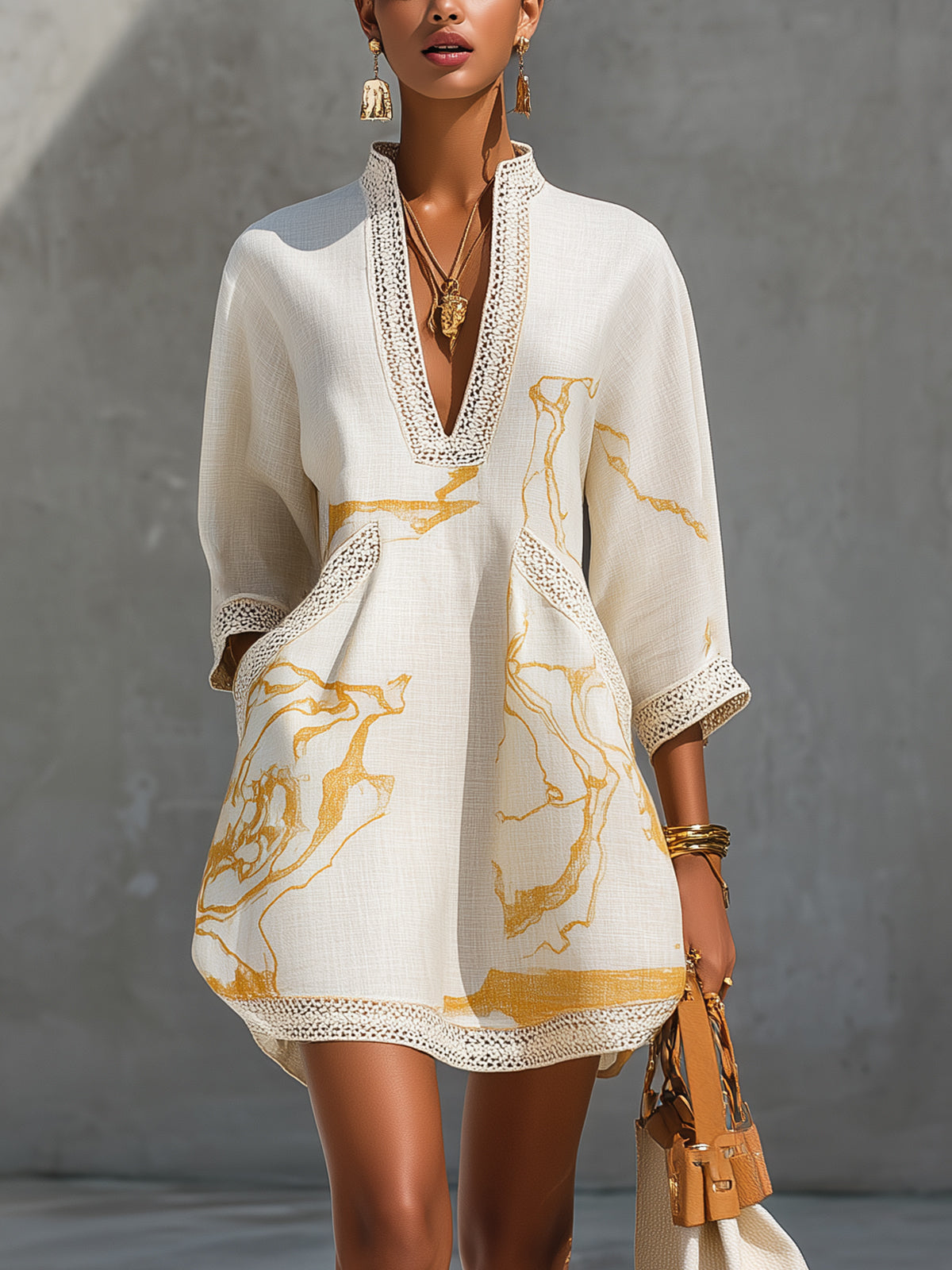 Aline | Ivory Mini Dress with Gold Patterns and V-Neck Crochet Lace