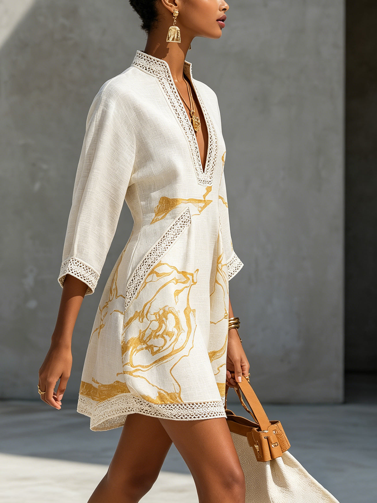 Aline | Ivory Mini Dress with Gold Patterns and V-Neck Crochet Lace