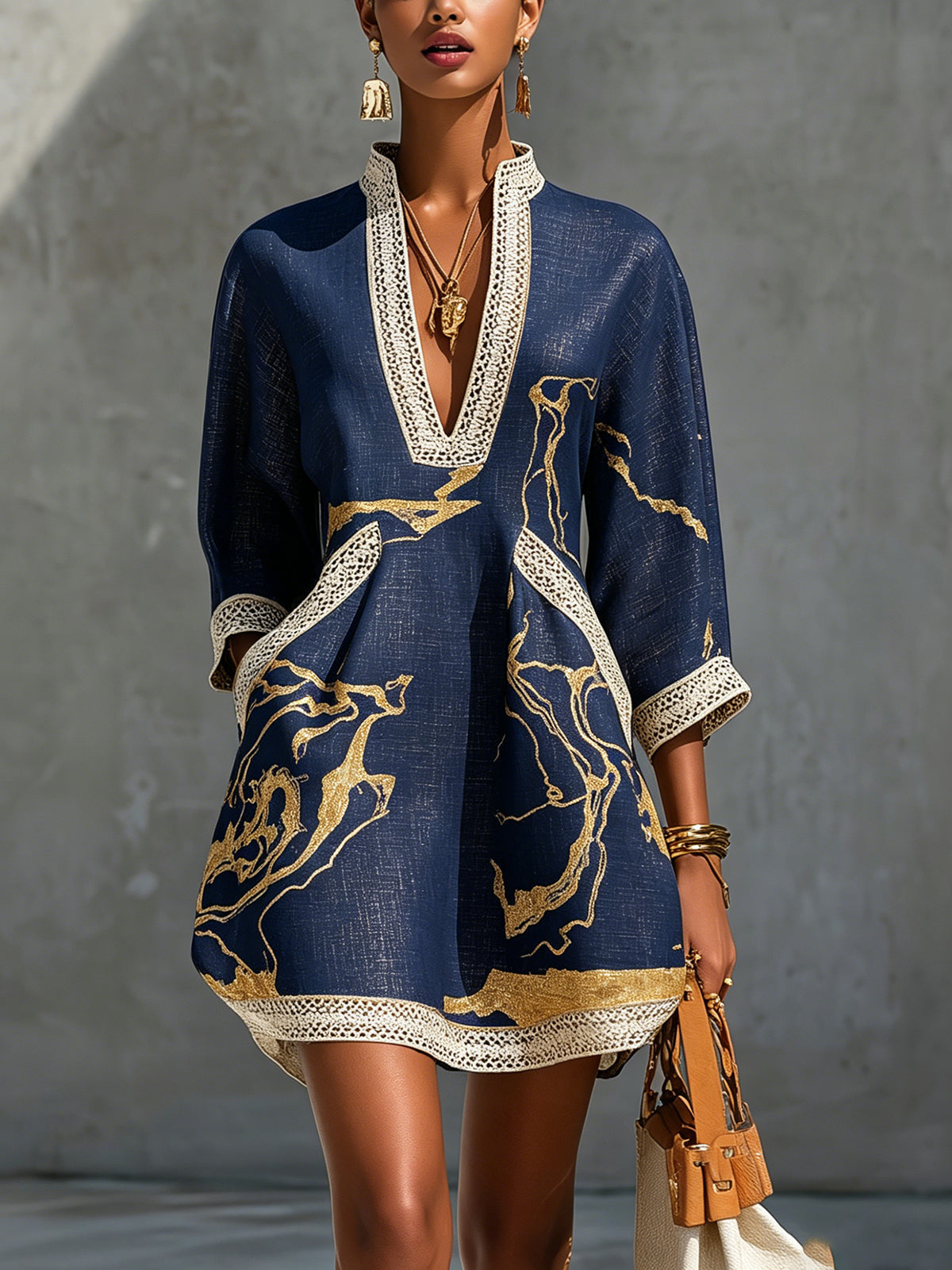 Cosette | Navy Blue Mini Dress with Gold Patterns and V-Neck Crochet Lace