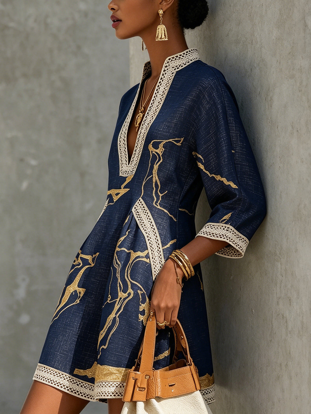 Cosette | Navy Blue Mini Dress with Gold Patterns and V-Neck Crochet Lace