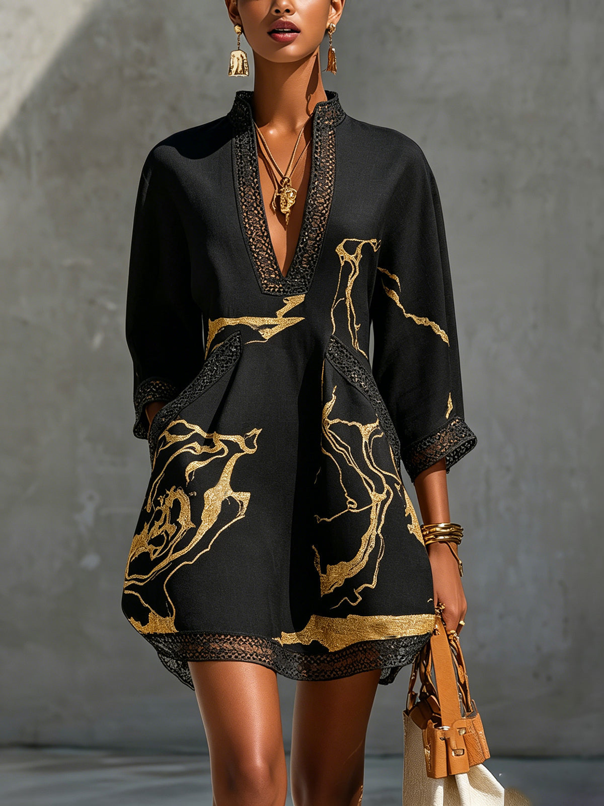 Léonie | Black Mini Dress in Crocheted Lace with Gold Patterns and V-Neck