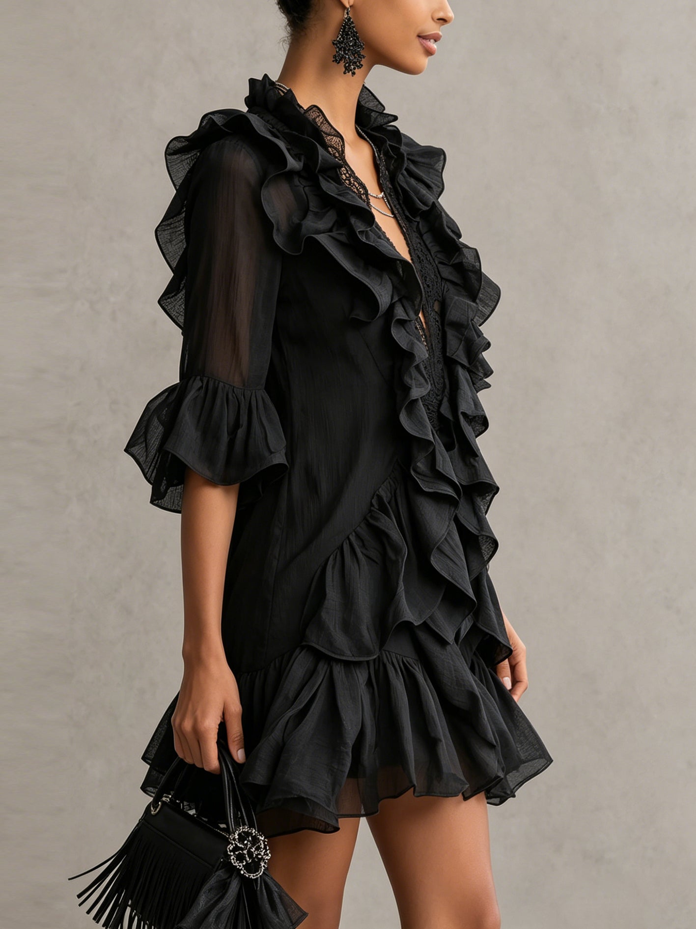 Anaïs | Black Chiffon Mini Dress with Ruffles