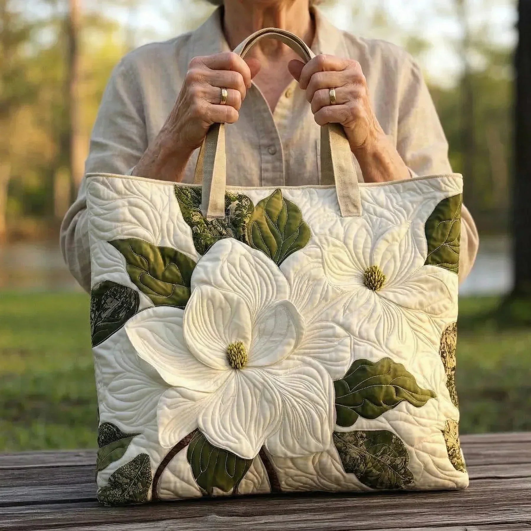 Quilted Handmade Bag - Elegant White Lilies