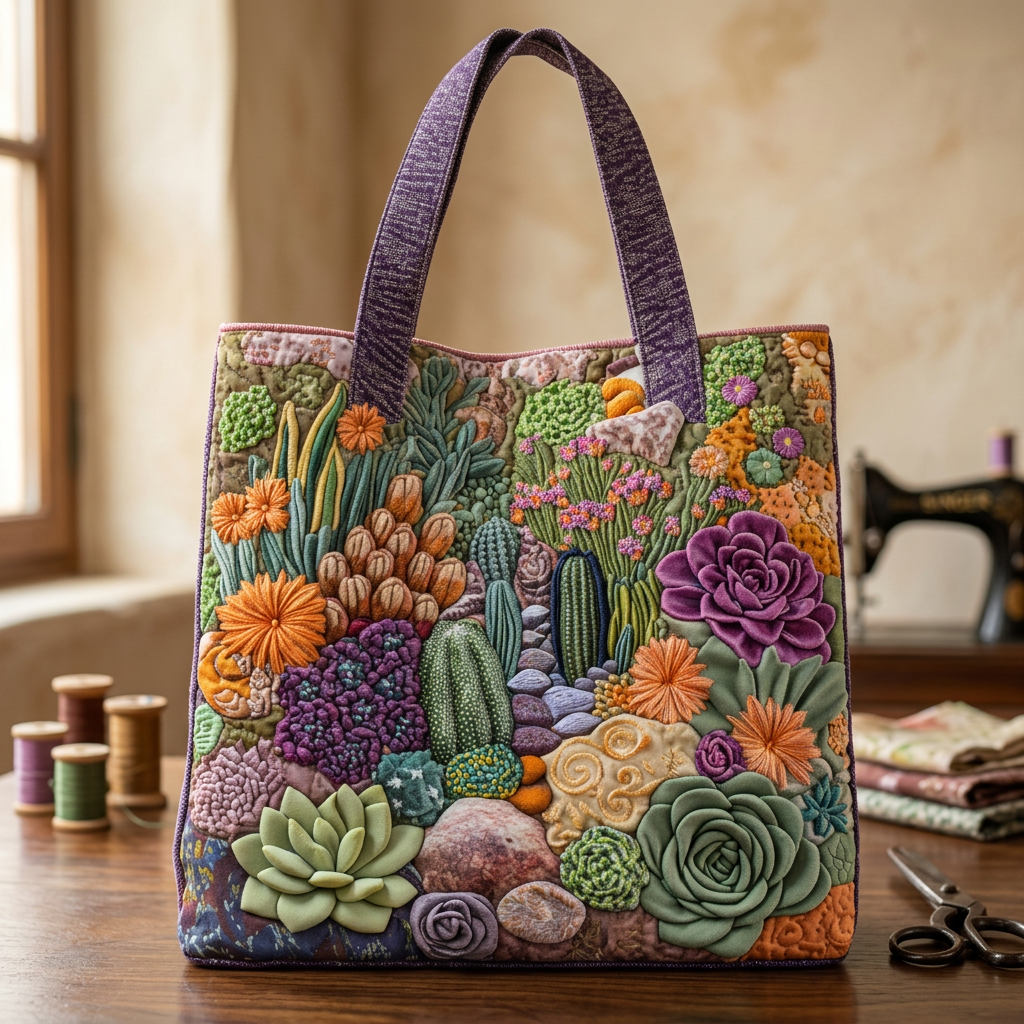 Quilted Floral Tote Bag – Succulent Garden – Two Sizes